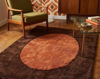 Retro 70s Wool Area Rug - 8x10 9x12 Concentric Brown & Orange Oval Carpet. Mid-Century Modern Dopamine Decor Rug for Living Room