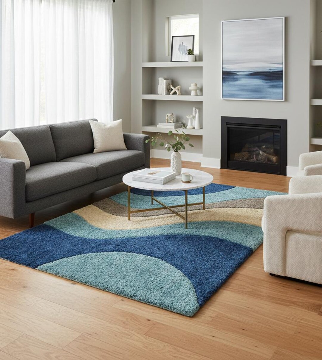 Modern Abstract Wave Tufted Rug – Blue, Teal & Beige Handmade ...