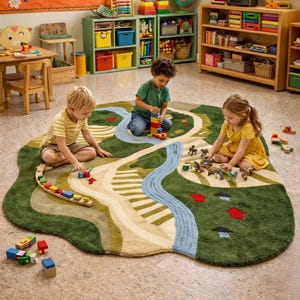 May include: A colorful rug with a road and river design, used in a preschool setting. Three children are playing with toy blocks and cars on the rug. The rug features green, blue, and beige colors, creating a playful environment.