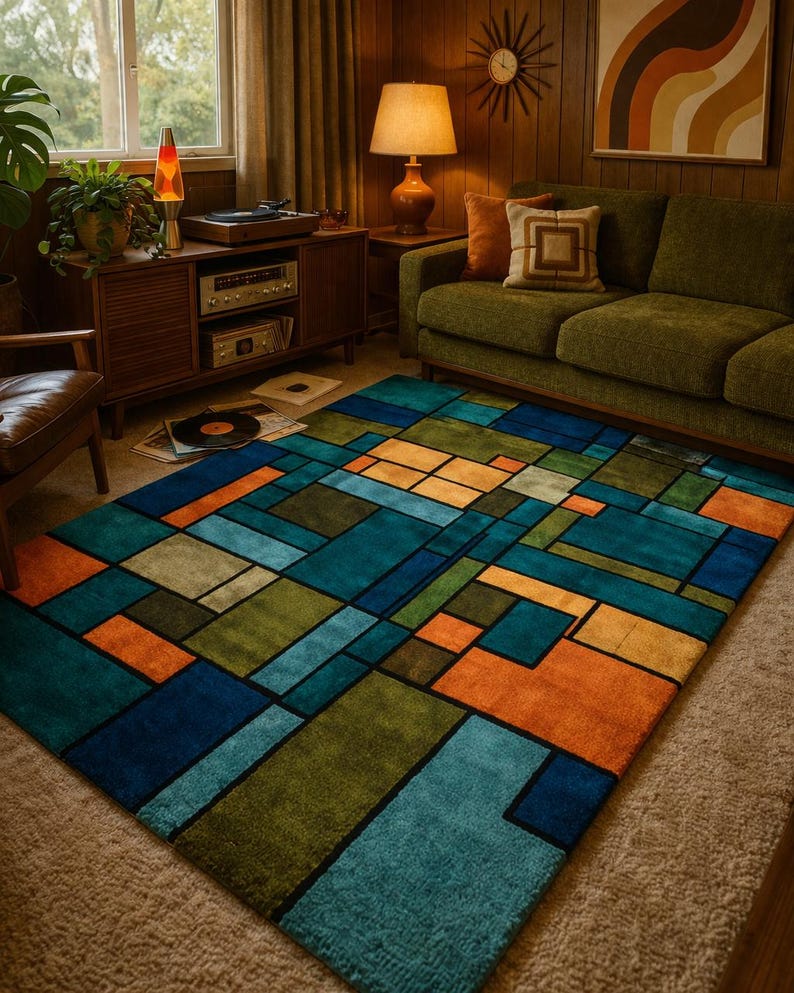 Jigsaw Abstract Block Pattern Rug Mid-century Modern Stained Glass Wool Rug, Geometric Retro 70s Abstract ...