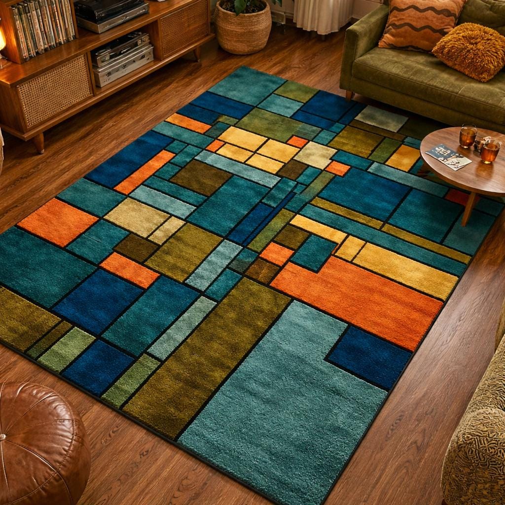 Jigsaw Abstract Block Pattern Rug Mid-century Modern Stained Glass Wool Rug, Geometric Retro 70s Abstract ...