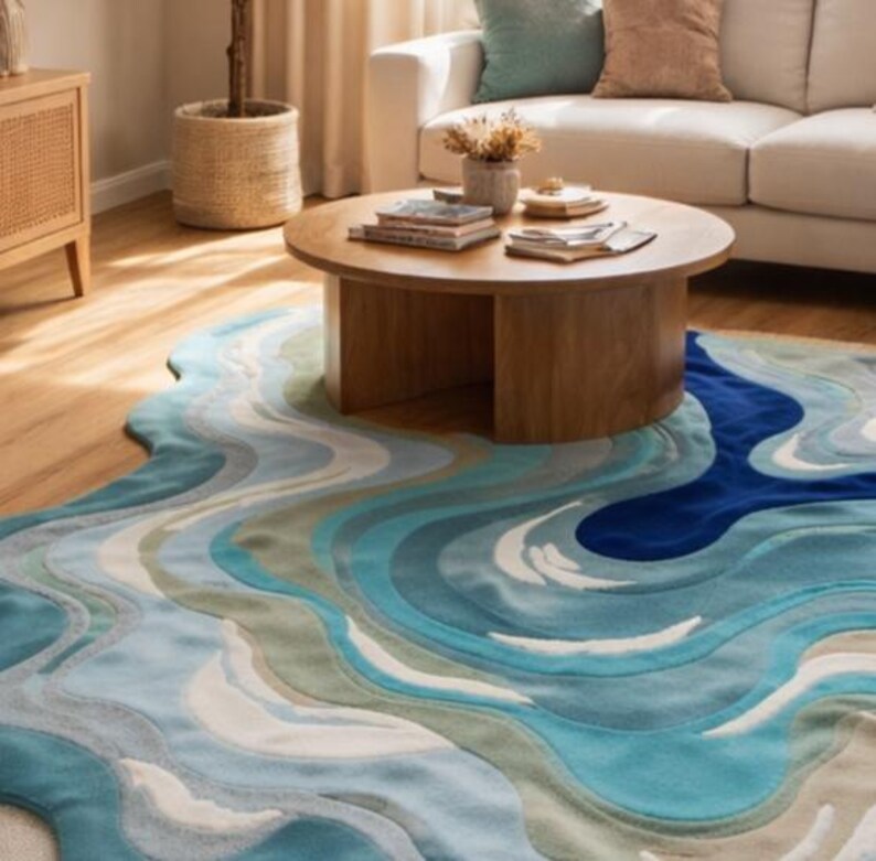 Blue Ocean Wave Hand Tufted Wool Rug - Abstract Irregular Shape Area ...