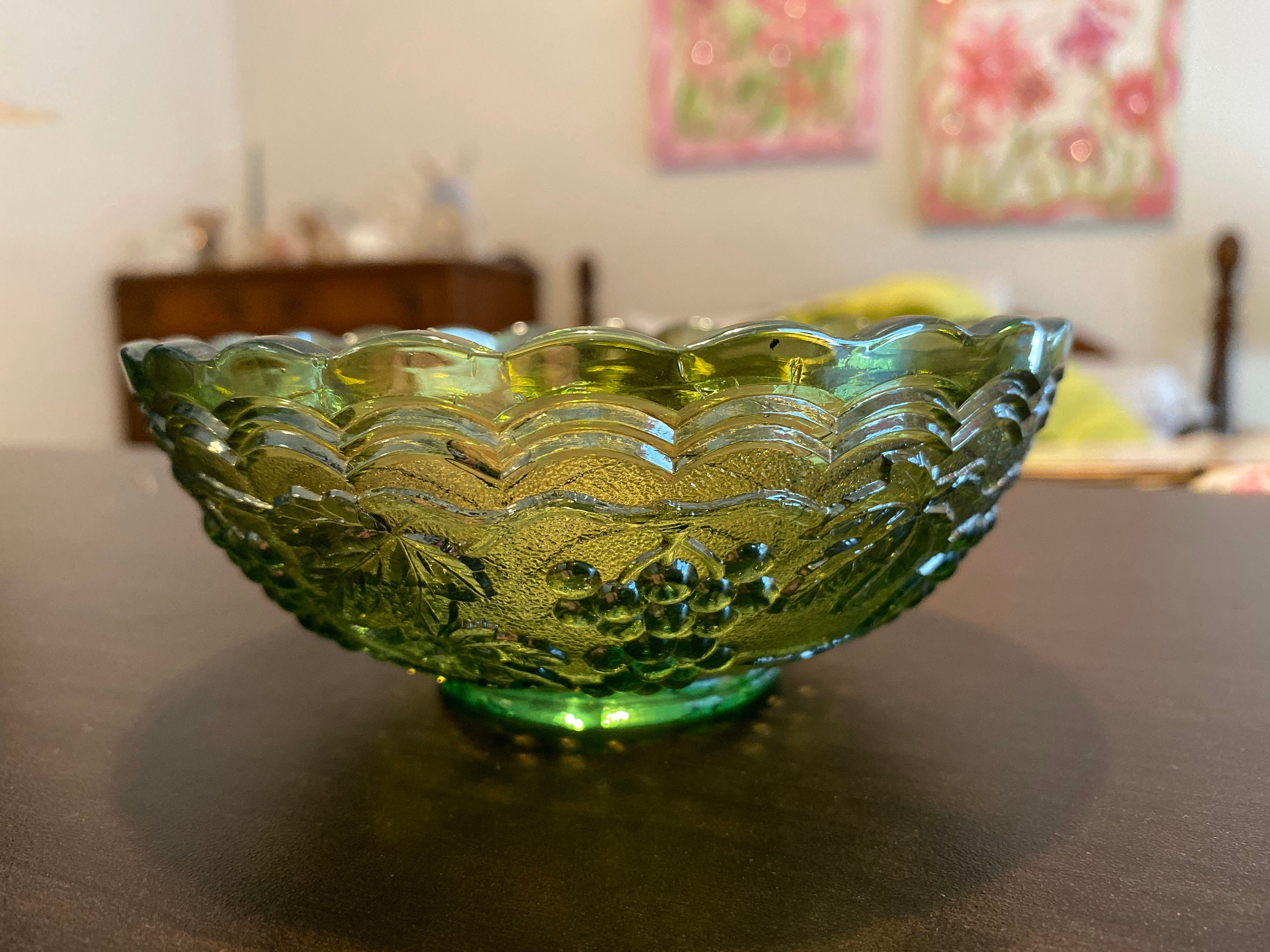 Green Carnival Glass Bowl Etsy