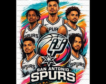 May include: Digital illustration of five basketball players in San Antonio Spurs jerseys. The image features a basketball, the Spurs logo, and the words "SAN ANTONIO SPURS" in bold white letters against a colorful background.