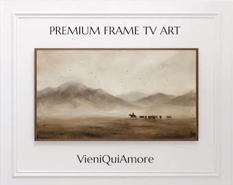 Soft Wilderness Western Cowboy Frame TV Art with Horse, 9 Cows & 11 Birds, Mountains, Rustic Neutral Farmhouse