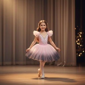 Könnte beinhalten: Ein junges Mädchen in einem rosa-grauen Ombre-Tutu-Kleid mit V-Ausschnitt, verziert mit zarter weißer Stickerei und Rüschenärmeln. Sie trägt Ballettschuhe und Strumpfhosen und lächelt auf einer Holzbühne mit Vorhanghintergrund.