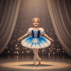 Puede incluir: Una niña con un vestido de tutú de ballet azul y blanco, posando en un escenario. El vestido presenta un corpiño azul oscuro con un frente con cordones, mangas abullonadas blancas y una falda de tul azul y blanco en capas. El fondo tiene una cortina y luces bokeh.
