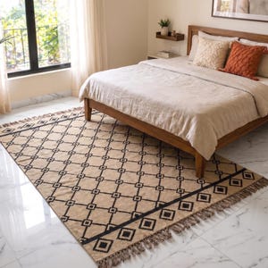 Scandinavian Black Beige Rust Wool Jute Area Rug - Geometric Handwoven Modern Minimalist Design Custom Size Available, 8X12 Wool Jute Rug