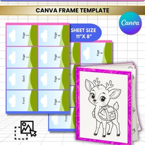 May include: A mini coloring book template featuring a deer illustration. The sheet size is 28 x 20 cm. The design includes a Canva frame template and is available in JPG, PNG, SVG, and PDF formats.