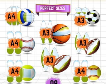 Sports Ball Panel Template Bundle Canva Editable, Soccer Basketball Football Volleyball Baseball Softball Rugby TennisBall Panel SVG PNG PDF