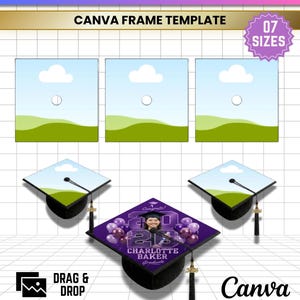 Op de afbeelding: Afbeelding van een sjabloon voor een afstudeerhoed met de tekst "GRADUATION CAP TOPPER" en "CANVA FRAME TEMPLATE". Het ontwerp bevat een paarse hoed met een foto, ballonnen en de naam van de afgestudeerde. De afbeelding toont ook de opties: JPG, PNG, SVG en PDF.