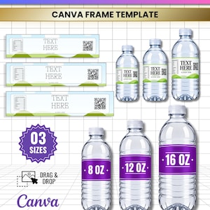 Puede incluir: Una plantilla digital para etiquetas de botellas de agua con tres diseños rectangulares con texto de marcador de posición y códigos QR, junto a seis botellas de plástico transparente de 237 ml, 355 ml y 473 ml con etiquetas moradas y verdes.