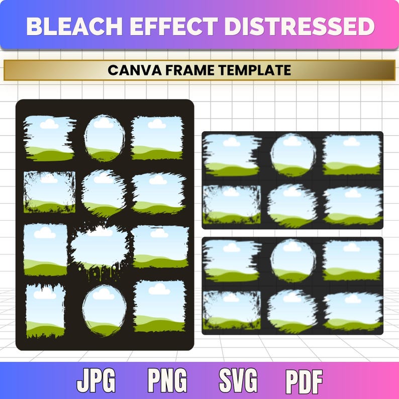 May include: A digital Canva frame template featuring a collection of distressed bleach effect shapes on a black background. Each shape contains a landscape graphic of a blue sky, white clouds, and green hills. The text reads BLEACH EFFECT DISTRESSED.