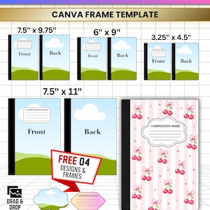 Può includere: Un set di modelli digitali per quaderni di composizione per Canva in varie dimensioni, tra cui 19,05 x 24,76 cm, 15,24 x 22,86 cm, 8,25 x 11,43 cm e 19,05 x 27,94 cm. Include layout di copertine, un motivo a ciliegie e un'icona.