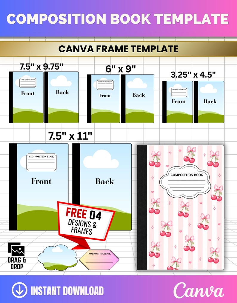 Composition book editable Canva template cover with 4 designs and 4 sizes on A4 sheet