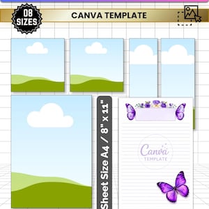 May include: A printable notepad template featuring eight sizes, including A4 and 8 inch by 11 inch sheets. The designs include blue sky, green hills, white clouds, and purple butterfly graphics with floral accents. The text reads Printable Notepad Template, Canva Template, Sheet Size A4 / 8 inch x 11 inch, and 08 Design Available.
