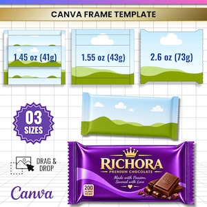 Pode incluir: Modelo de moldura Canva para embalagens de barra de chocolate em três tamanhos: 1,45 oz (41g), 1,55 oz (43g) e 2,6 oz (73g). Inclui um exemplo de barra de chocolate roxa Richora com 200 calorias, ícones de arrastar e soltar e formatos JPG, PNG, SVG e PDF.