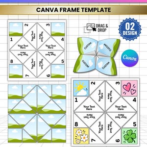 May include: A cootie catcher template featuring two square layouts with numbered sections, text placeholders, and image frames. Includes a folded example with custom labels, a drag and drop icon, and Canva branding. File formats include JPG, PNG, SVG, and PDF.