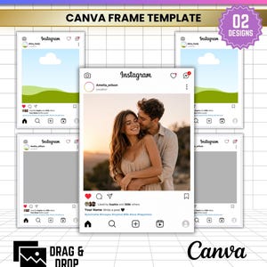 May include: An Instagram frame template, editable in Canva, with multiple designs. The image displays several Instagram mockups, with the text "Instagram Frame Editable" and "Canva Frame Template". Available in JPG, PNG, SVG, and PDF formats, with drag and drop functionality.