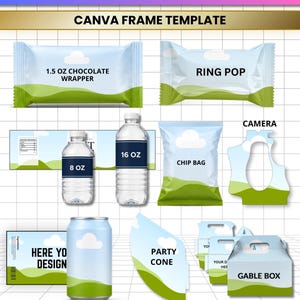 Pode incluir: Um conjunto de modelos digitais intitulado 10X PARTY FAVOR EDITABLE CANVA FRAME TEMPLATE com designs para embalagens de chocolate, ring pop, garrafas de água, sacos de batatas, câmara, cones de festa e caixas em JPG, PNG, SVG e PDF.