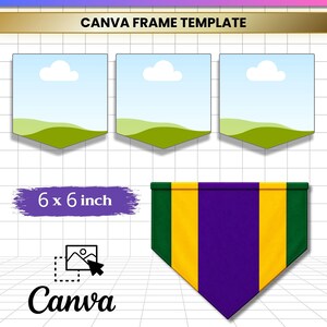May include: A digital template set featuring three baseball plate-shaped frames with a landscape graphic, a 15.24 x 15.24 cm purple, yellow, and green pennant design, and the text BASEBALL PLATE EDITABLE, CANVA FRAME TEMPLATE, Canva, JPG, PNG, SVG, PDF.
