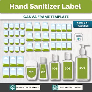 May include: A digital template for hand sanitizer labels. The design includes various label shapes and sizes, along with several hand sanitizer bottles of different sizes, including mini, 1 oz, 10 oz, 20 oz, and 8 oz. The text "Hand Sanitizer Label" is at the top.