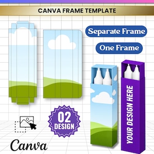 Puede incluir: Una plantilla digital para caja de velas con diseños editables que muestran un cielo azul y un paisaje verde. Incluye los textos CANDLE BOX EDITABLE, CANVA FRAME TEMPLATE, Separate Frame, One Frame, 02 DESIGN, YOUR DESIGN HERE y Canva.