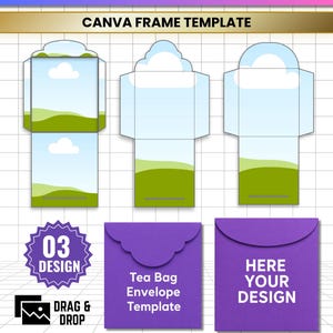 May include: A digital tea bag envelope template set featuring three distinct die-cut shapes with a sky and grass landscape graphic. The image includes purple sample envelopes with the text Tea Bag Envelope Template and Here Your Design.