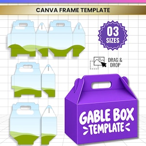 Könnte beinhalten: Eine digitale Gable-Box-Vorlage mit drei flachen Stanzlayouts mit grünen Landschaftsgrafiken und einer zusammengebauten lila Box mit dem Text GABLE BOX TEMPLATE. Das Design enthält ein Drag-and-Drop-Symbol sowie Angaben zu 03 sizes, JPG, PNG, SVG und PDF.