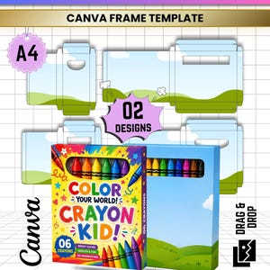 May include: A colorful crayon box with the text "COLOR YOUR WORLD! CRAYON KID!" and "06 CRAYONS". The box is surrounded by other design templates with the text "CANVA FRAME TEMPLATE". The image also includes the file types JPG, PNG, SVG, and PDF.