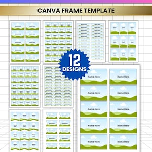 Puede incluir: Una hoja de plantilla digital con 12 diseños de etiquetas de nombre editables con un gráfico de cielo azul, nubes blancas y colinas verdes. El texto dice NAME LABEL EDITABLE, CANVA FRAME TEMPLATE, 12 DESIGNS, Name Here, JPG, PNG, SVG, PDF.