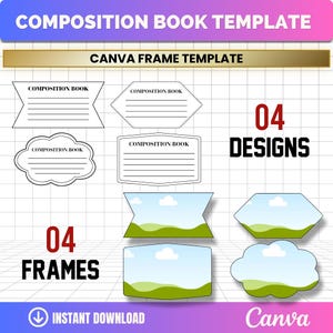 Composition book template showing 4 editable frames and 4 cover designs
