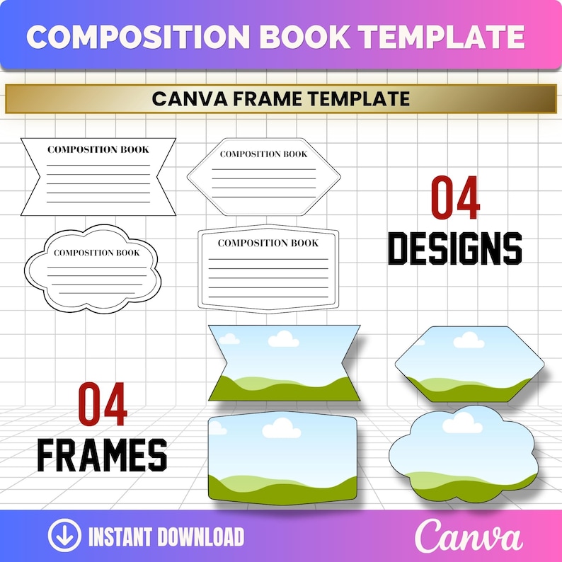Composition book template showing 4 editable frames and 4 cover designs