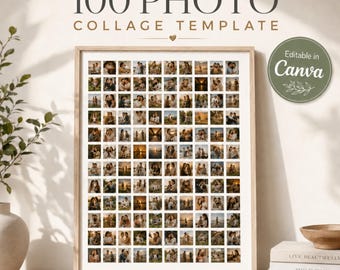 100 Photo Collage Template, Editable Canva Photo Grid Keepsake, Minimalist Wall Art Poster, Personalized Anniversary Gift, Printable Decor