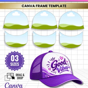 Peut inclure: Un modèle numérique pour casquette trucker avec le texte TRUCKER HAT EDITABLE, CANVA FRAME TEMPLATE et 03 SIZES. L'image montre une casquette violette et blanche avec le texte Good Vibes et un motif de couronne sur le panneau avant.