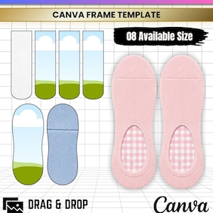 May include: A digital template for sock design featuring the text SOCK JIG EDITABLE, CANVA FRAME TEMPLATE, 08 Available Size, DRAG & DROP, and Canva. The graphic displays various sock outlines, some with landscape patterns, and two pink socks.