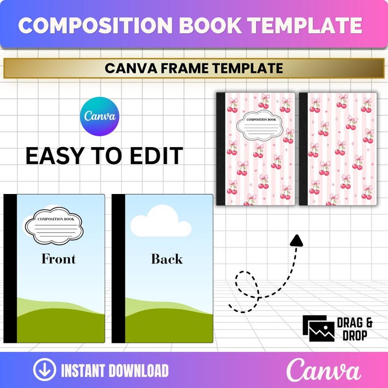 Easy to edit composition book cover Canva template with drag and drop front and back