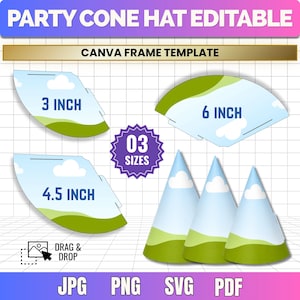 Pode incluir: Modelo digital de chapéu de festa cônico com padrão de céu azul e colinas verdes. Inclui três layouts planos rotulados 3 inch, 4.5 inch, 6 inch e três chapéus montados. Texto: PARTY CONE HAT EDITABLE, CANVA FRAME TEMPLATE, 03 SIZES, DRAG & DROP, JPG, PNG, SVG, PDF.