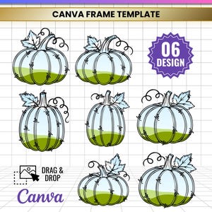 May include: A digital Canva frame template featuring six hand-drawn pumpkin illustrations with black outlines, light blue upper sections, and green lower sections. The text reads HAND DRAWN PUMPKIN, CANVA FRAME TEMPLATE, 06 DESIGN, DRAG & DROP, Canva, JPG, PNG, SVG, PDF.