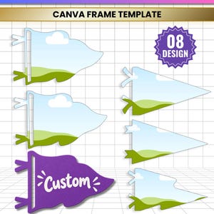 Peut inclure: Un ensemble de fanions mascotte numériques comprenant un modèle de cadre Canva avec huit designs. Le graphique affiche diverses formes de fanions, certaines avec des espaces réservés de paysage et un fanion violet avec le texte blanc Custom. Inclut JPG, PNG, SVG et PDF.