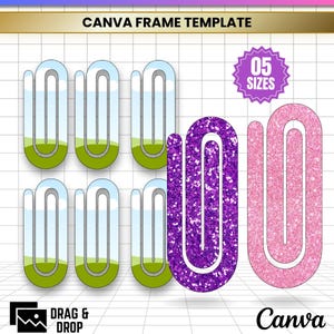 May include: A digital Canva frame template featuring jumbo paper clip shapes. Six clips display a landscape scene with blue sky and green grass, while two clips have purple and pink glitter textures. Text includes JUMBO PAPER CLIP, 05 SIZES, DRAG & DROP, Canva, JPG, PNG, SVG, PDF.