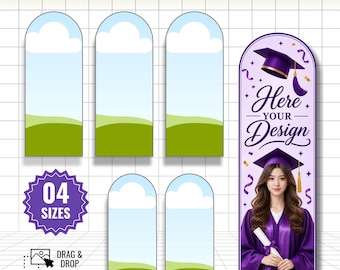Puede incluir: Plantilla de marco Canva editable para arco de graduación con cinco marcos arqueados que muestran un cielo y césped. Un marco presenta un diseño morado con un birrete, el texto Here Your Design y una persona con toga de graduación morada.