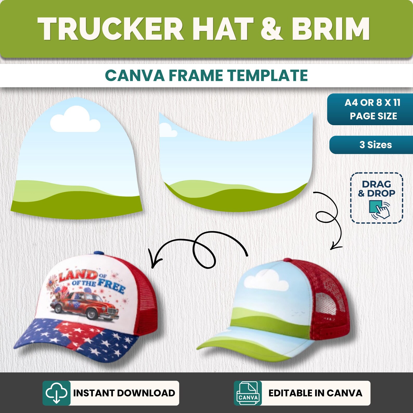 Trucker Cap Pattern Trucker Hat Template Canva, Editable Trucker Hat PNG, Hat Brim ...