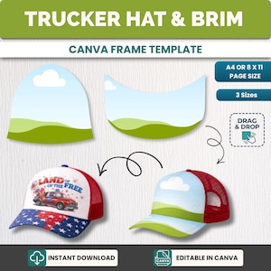 May include: A template for designing trucker hats and brims, featuring two hat designs. One hat displays a patriotic car graphic, the other a cloud and landscape. The template is for A4 or 8 x 11 page sizes and offers 3 sizes. Includes 'Instant Download'.
