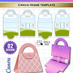 May include: A digital template for a lip balm purse featuring four flat layout diagrams with light blue and green accents, a pink patterned purse, and a purple glitter purse with a lip balm holder. Text includes LIP BALM PURSE EDITABLE.