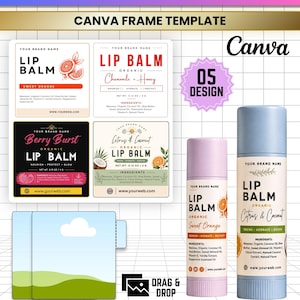 Puede incluir: Una plantilla de diseño digital para etiquetas de bálsamo labial. El diseño incluye varias variaciones de etiquetas con texto como "Sweet Orange", "Chamomile + Honey" y "Citrus & Coconut". La imagen también presenta tubos de bálsamo labial y el logotipo de Canva.