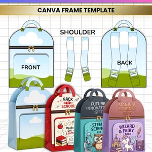 May include: A digital template for a book bag gift box featuring a Canva frame design. The image displays a backpack layout with front, back, and shoulder strap components, alongside three finished box examples with school, science, and fantasy themes.