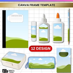 Back to School Template Bundle Canva, 12 Editable School Supply Labels, Notebook Glue Pencil Crayon Box Mockup, Drag and Drop Printable