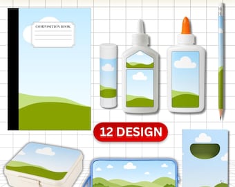 Back to School Template Bundle Canva, 12 Editable School Supply Labels, Notebook Glue Pencil Crayon Box Mockup, Drag and Drop Printable