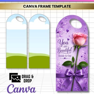 May include: A digital template for a flower card featuring two blank tags with a sky and grass design and one finished tag with a pink rose, a purple ribbon, and the text You Are Beautiful Inside & Out. The file includes JPG, PNG, SVG, and PDF.